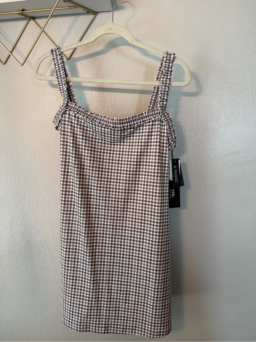 Abercrombie & Fitch Brown and White Gingham Smocked Strap Mini Dress